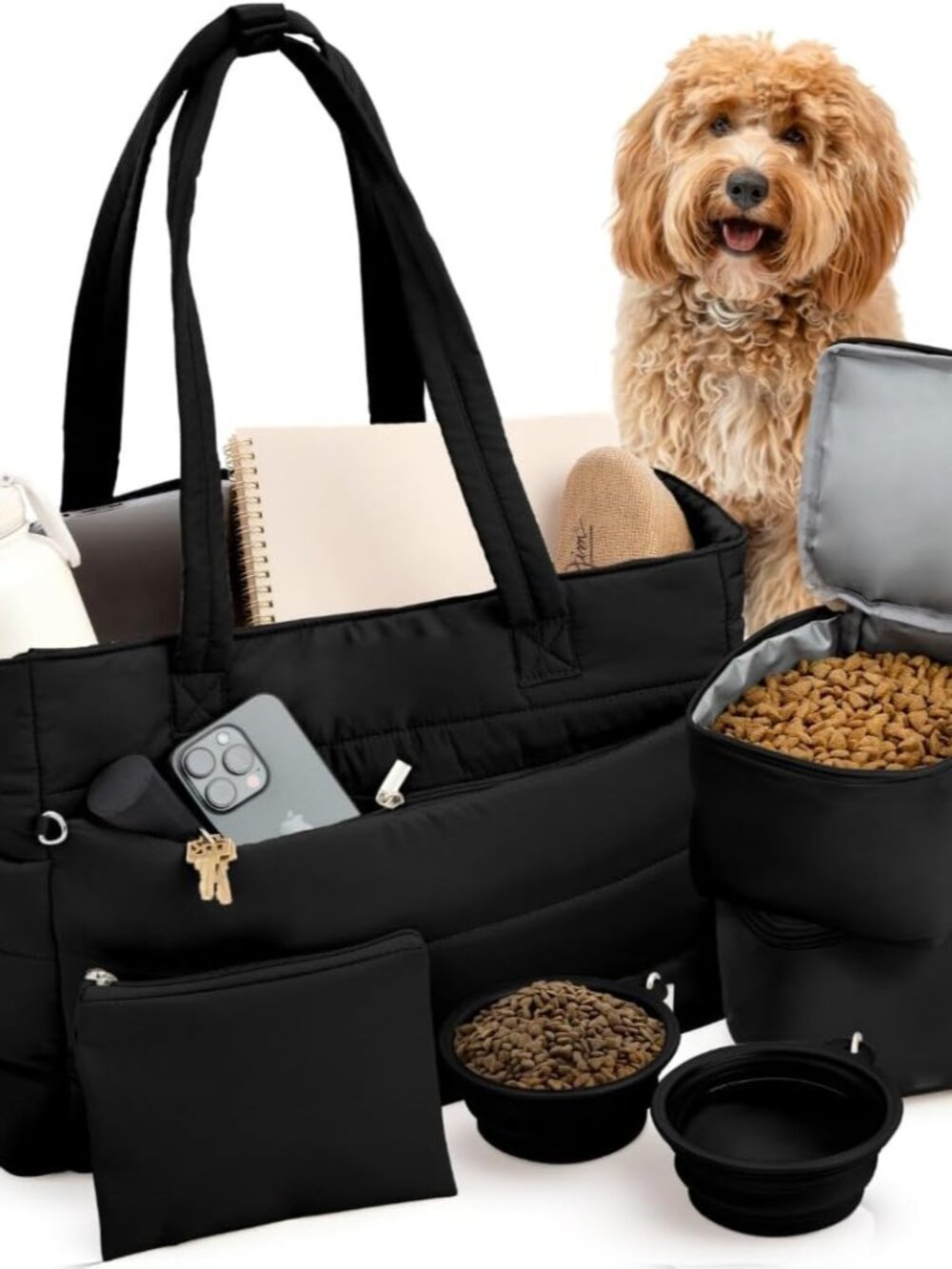 Puffer Dog Travel Bag for Dog Moms, Diaper Bag with Travel Bowls
